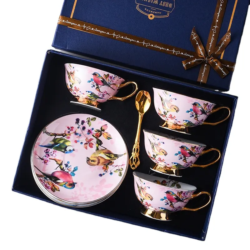 Taza de café de porcelana de hueso de pájaro británico, taza de agua de cerámica, caja de regalo delicada, juego de taza de té de cerámica de aspecto alto