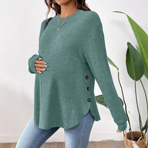 Maglietta <span class=keywords><strong>Premaman</strong></span> Autunno <span class=keywords><strong>Inverno</strong></span>, Vestibilità Ampia, Collo Tondo, Manica Lunga con Bottoni, in Poliestere e Spandex - Product Image 1