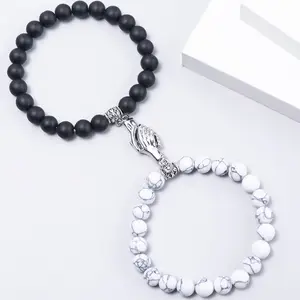 Pulsera elástica hecha a mano de 8 mm para hombre y mujer, brazalete de cuentas con piedras magnéticas, color blanco y negro