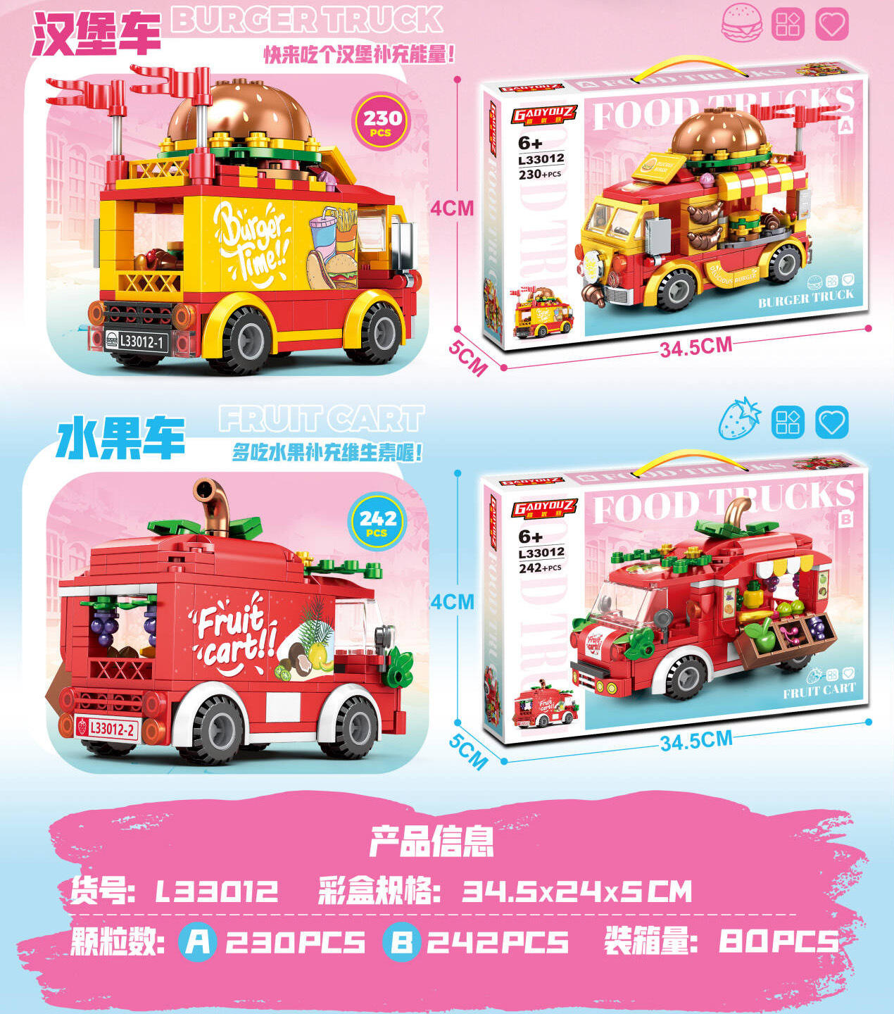 L33012 hamburger voiture fruits blocs de construction-deux aléatoires-345245cm