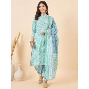 Mujeres motivos étnicos impresos Kurta de algodón puro regular con pantalones Harem y con Dupatta para mujeres ropa de mujer personalizada - Product Image 1
