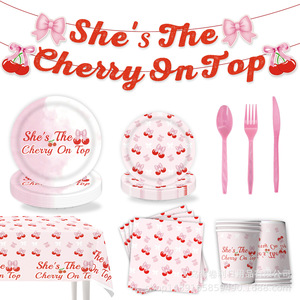 Cherry <b>Bow</b> Party Supplies Paper Plates Cups Napkins Straws Utensils 60-80 Pcs Birthday Party Decorations Cartoon Style - Product Image 4