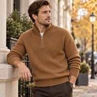 Pull tricoté personnalisé pour homme à col montant et fermeture éclair courte, manches longues, style décontracté, couleur unie, OEM ODM Marque Privée