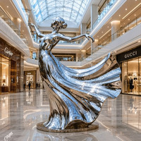 Sculpture Moderne Femme Dansante au Coucher du Soleil en Acier Inoxydable Poli Miroir, Robe Longue, Décoration Extérieure pour Piscine, Jardin, Villa