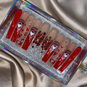 <span class=keywords><strong>Uñas</strong></span> postizas acrílicas 3D de cobertura completa con forma de ataúd largo, con diamantes de imitación y purpurina, reutilizables <span class=keywords><strong>para</strong></span> mujer, uso diario, fiestas y bodas - Product Image 1