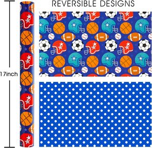 Sports gift wrapping <b>paper</b> Cartoon baseball and football <b>patterns</b> Double sided printing Blue dots Customizable - Product Image 2