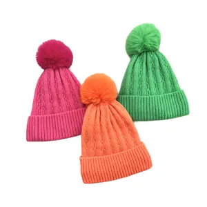 Inverno Malha velo forrado Cuff Fur Bobble iridescente malha algemado Hat Beanie Com pele Pompom