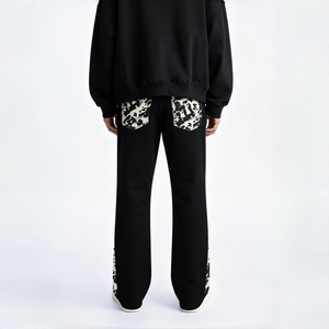 Pantalon en jean noir uni ample et évasé, tendance, avec patchwork imprimé vache sur les poches et les jambes, style Y2K rétro street hip - Product Image 2