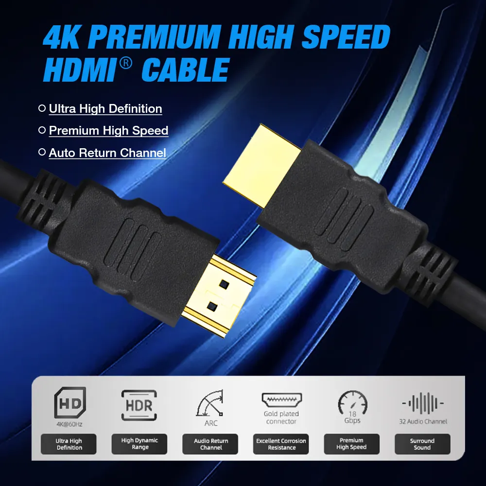 Заводская цена позолоченный штекер-штекер HDMI к HDMI 4k 60 Гц 3d 1080p Стандартный 1,5 м 2 м 3 м 10 м 15 м 20 м 2,0 HDMI кабель