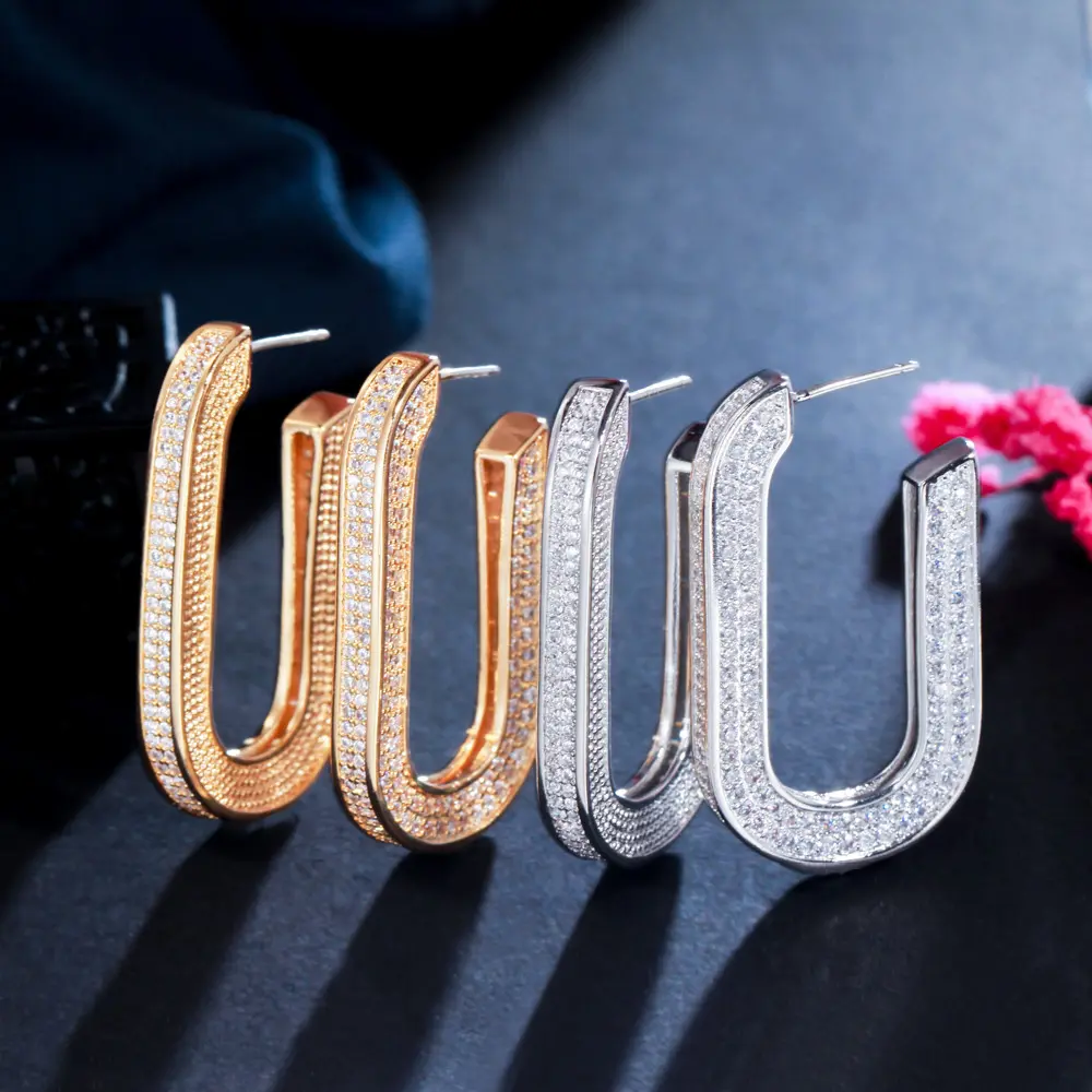 Hợp Thời Trang Hình Học Nửa Vòng Sparkly Cubic Zirconia Pave Vàng Trắng Mạ Hoop Earrings Đối Với Phụ Nữ Đảng Jewelry