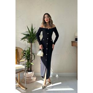 เดรสไหมพรมสีดำแบบเปิดไหล่ทรงเข้ารูปเอวธรรมชาติสำหรับผู้หญิง - Product Image 6