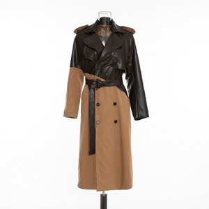 เสื้อโค้ทแฟชั่นแขนยาวทำจากหนัง PU งานเย็บปะแฟชั่นมีเข็มขัด - Product Image 1