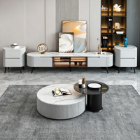 Ensemble Table Basse et Meuble TV Style Italien Moderne Luxe Léger avec Plateau en Pierre – Console de Divertissement pour Petit Appartement et Salon