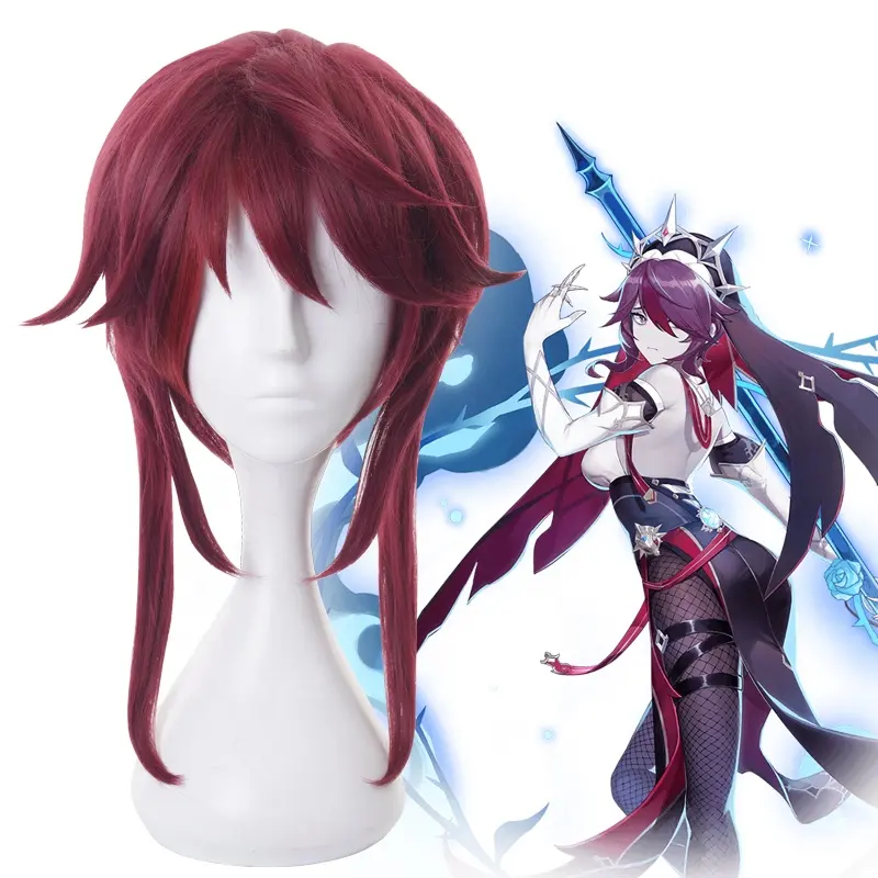 All'ingrosso Genshin Impact Wig Cosplay 40cm Medium Long Dark Rose & Red Rosaria Peluca parrucca sintetica per capelli resistente al calore Anime