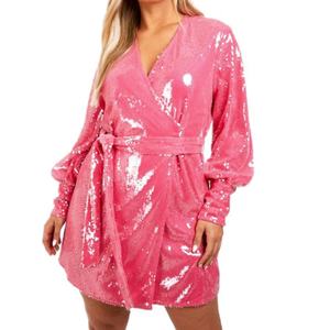 Nouvelle arrivée, robe courte à sequins pour femmes, taille plus, style OOTD, manches longues, col en V brillant, ceinture - Product Image 1