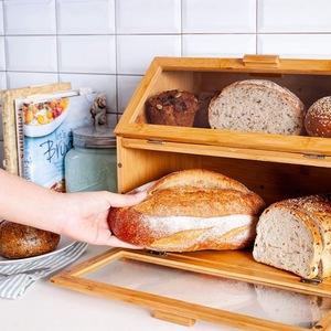 Boîte à pain en bambou à double compartiment, rangement en bois pour cuisine, présentoir à pain couleur naturelle - Product Image 2
