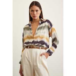 Camisa de Satén con Estampado de Acuarela para Mujer, Blusa Casual con Botones para Uso Diario, Color Caqui - Product Image 2