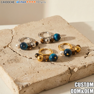 CAIOOCHE Boucles d'oreilles tendance en acier inoxydable avec pierres naturelles et pompons colorés, plaqué or 18 carats, bijoux anti-ternissement, cadeau - Product Image 1