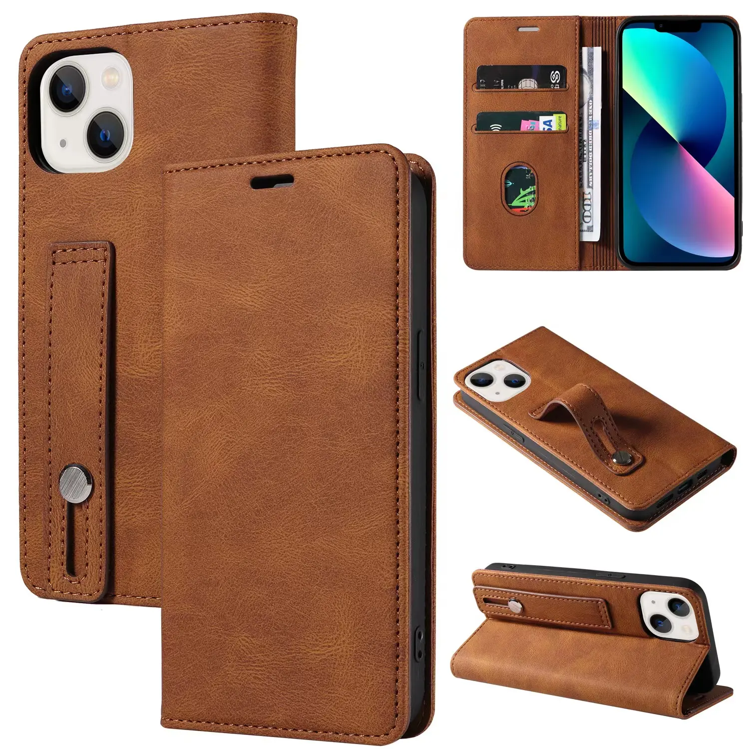 New Leather Flip Phone Case with Wrist Strap Phone Case for iPhone 14 Pro Max for For Samsung a13 S22 Ultra Case S23Ultra