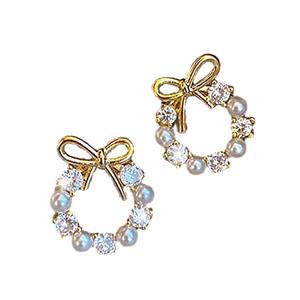 Orecchini a perno E2631 con perle dorate, design a fiocco, perle finte, da donna per tutti i giorni - Product Image 4