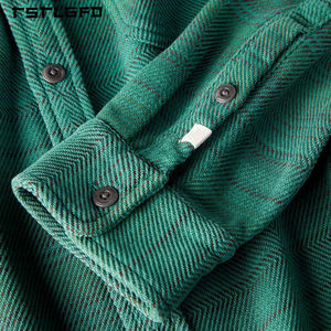 Chemises à carreaux pour hommes en coton recyclé, design personnalisé, haute qualité, décontractées, avec poche, classiques, vert forêt, manches longues, en flanelle, col montant - Product Image 6