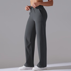 Pantalones de Yoga recortados elásticos de cintura alta bolsillos sólidos transpirables nuevo estampado Spandex/Nylon suelto Casual pierna ancha Fitness Leggings - Product Image 5
