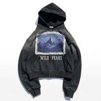 Patch personnalisé Design graphique Rivet Hoodies lavé à l'acide poids lourd coton éponge français fermeture éclair soleil délavé recadrée strass Hoodie