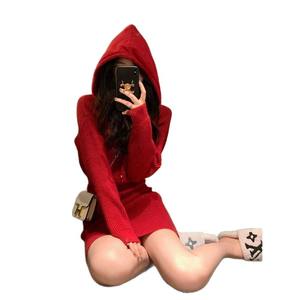 Abito Maglione Vintage Rosso Primaverile con Cappuccio e Mezza Zip, Antistatico, Stile Retrò Elegante per <span class=keywords><strong>Capodanno</strong></span> - Product Image 5