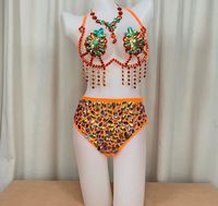 Ensemble 3 pièces de costume de danse du ventre perlé à la main : soutien-gorge, bas et mini-jupe à plumes pour tenue de rave EDC, défilé du Mardi Gras, Jouvert, Showgirls