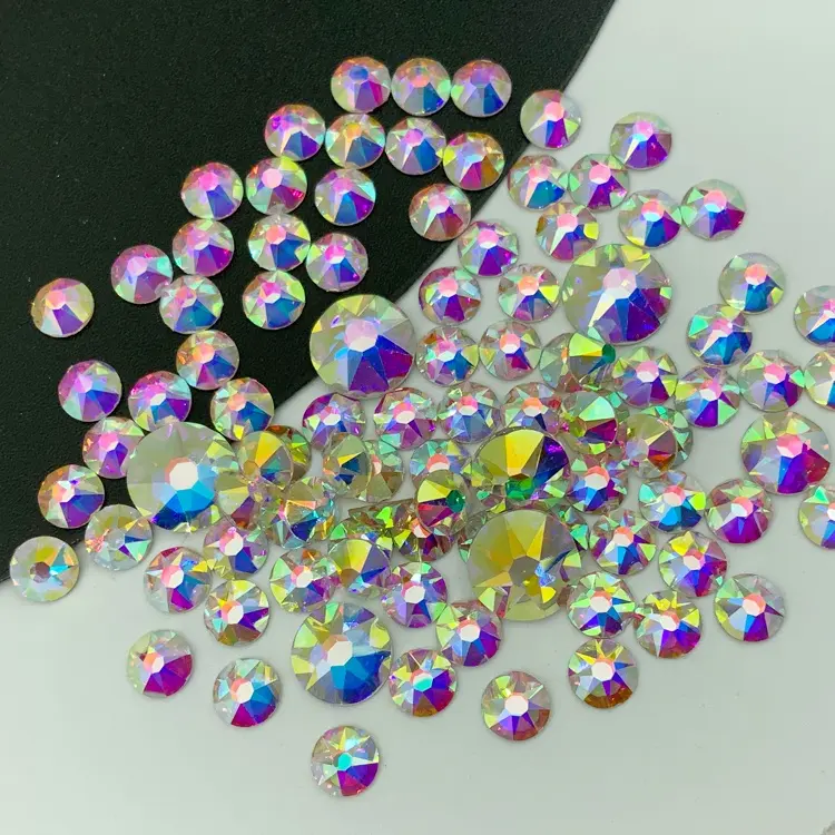 Vendita di strass Hot fix di alta qualità AB Crystal 16 tagli in vetro con retro piatto sfaccettato fiore in confezione sfusa
