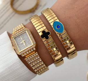 Pulsera Elástica Ancha de Acero Inoxidable 316L Color Dorado con Zirconia, Modelo Nomination - Product Image 1