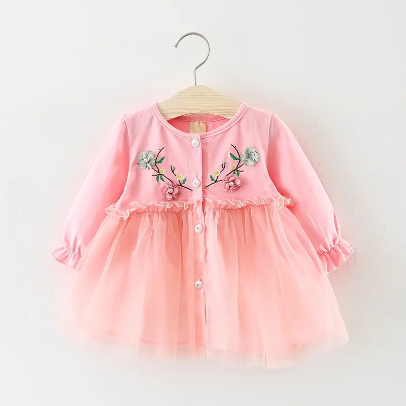 Vestido para meninas, manga longa bordado flores gaze primavera crianças vestido para meninas 1 ano