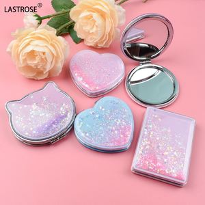 Wholesale Heart Shape pink Blue Glitter Liquid Quicksand Mirror Private Label Folding Double Sides Cosmetic Portable Mirrors - Product Image 2