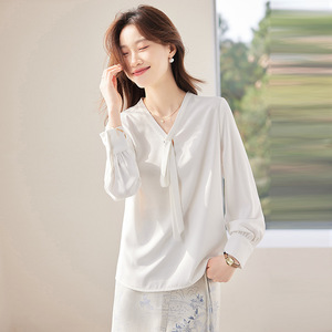 Women's Blue Chiffon Shirt Long Sleeve V-Neck Wrap <b>Tie</b> Work Blouse Solid Color <b>Polyester</b> Fabric - Product Image 3