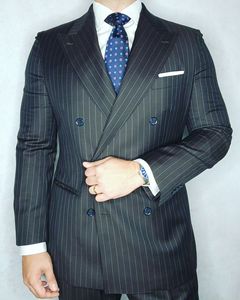 Abito da uomo d'affari a righe <span class=keywords><strong>blu</strong></span> scuro 2022 Slim Fit <span class=keywords><strong>gessato</strong></span> formale smoking da sposa con risvolto dentato - Product Image 2