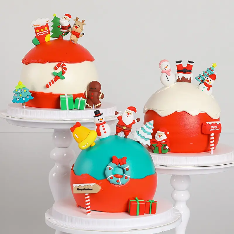 Decoración de pasteles Pegamento suave Caja de regalo de Navidad Anciano campana muñeco de nieve bastón Pastel de Navidad tarjeta enchufable