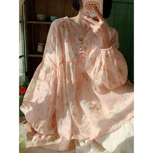 Camisa de lino con estampado floral, corte holgado, manga larga, ropa de uso diario para mujer - Product Image 1