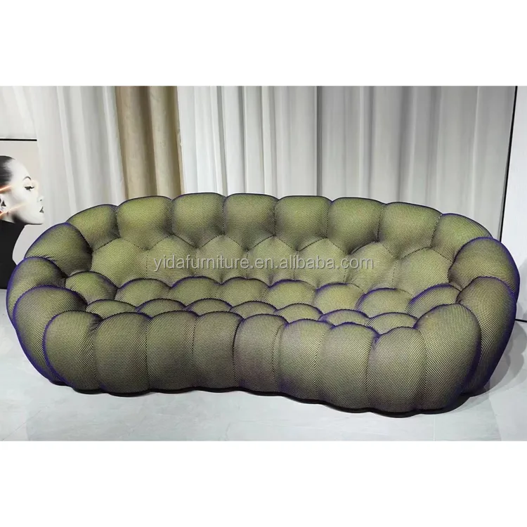 Fábrica al por mayor botón estilo sofá moderno tela tapicería curvada 2 o 3 o 4 asiento en forma de alto rebote esponja burbuja sofá