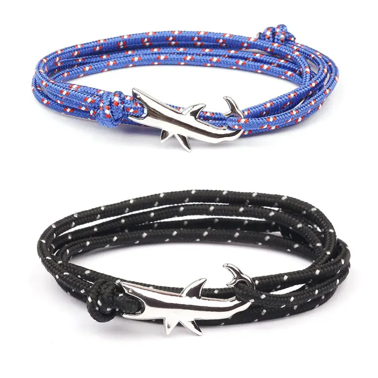 Factory Wholesale Silver Wild Animal Shark Hook Bracelet Personalized 75cm Multilayer Parachute Cord Woven Wrap Bracelet for Men