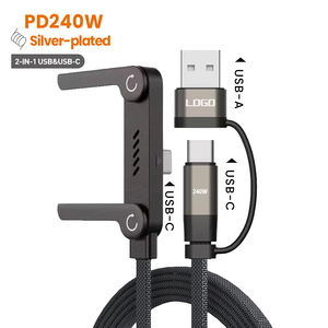 Cable USB C a USB C 2 en 1, 240W, Carga Rápida, Soporte para Teléfono Integrado, Cable Trenzado Tipo C de 1.5 Metros con Conector en T de 90 Grados - Product Image 1