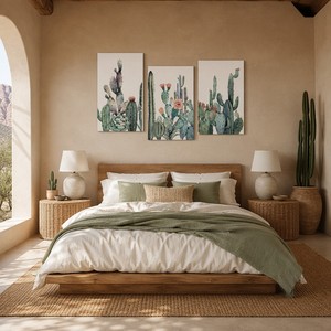 Juego de 3 Cuadros Decorativos de Cactus y Suculentas <span class=keywords><strong>en</strong></span> Acuarela, Impresión <span class=keywords><strong>en</strong></span> Lienzo, Decoración Botánica del Desierto con Figuras de Perales Espinosos - Product Image 1