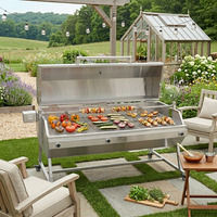 Barbecue moderne robuste en acier inoxydable résistant à la rouille, combiné gaz et charbon de bois, avec rôtissoire automatique 15W, finition brossée