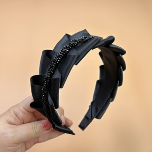 Serre-tête plissé en satin français avec strass pour femme, noir, élégant, accessoire de coiffure - Product Image 4