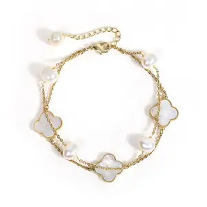 Promotion Gift Clover Shell 18K Gold Plated Two Layers Multi Strand Bracelet With 7-8mm White Natural Pearls Bracelet