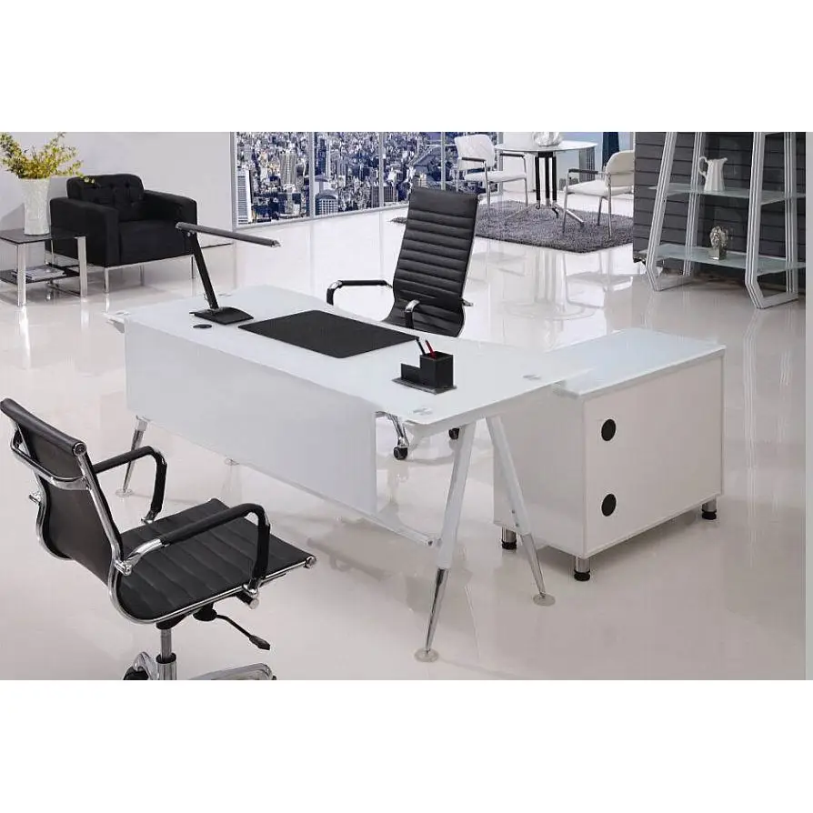 L shape office furniture modern metal legs tempered glass executive desk office table