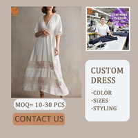 7943 Gaun Maxi Bohemian Putih Lengan Pendek V-Neck Berpinggang Smocked dengan Renda, Contoh Pembuatan Gaun Wanita Musim Panas Boho Kasual Panjang