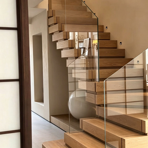Scala a U Moderna con Piattaforma, Gradini in Legno <span class=keywords><strong>e</strong></span> Balaustra in Vetro per Residenze Duplex - Product Image 1