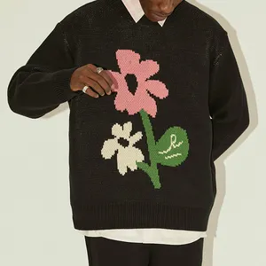 Jersey de algodón de manga larga para hombre, Jersey de punto de Jacquard con flores de gran tamaño, hecho a medida