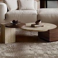 Ensemble de 2 tables basses gigognes à motif en travertin avec cadre en bois Table centrale circulaire pour salon meubles de maison