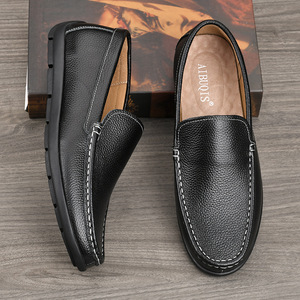 Mocassins en cuir véritable pour hommes, bout rond, à enfiler, semelle intermédiaire en EVA, motif uni, semelle en caoutchouc souple, chaussures de marche confortables toutes saisons - Product Image 2